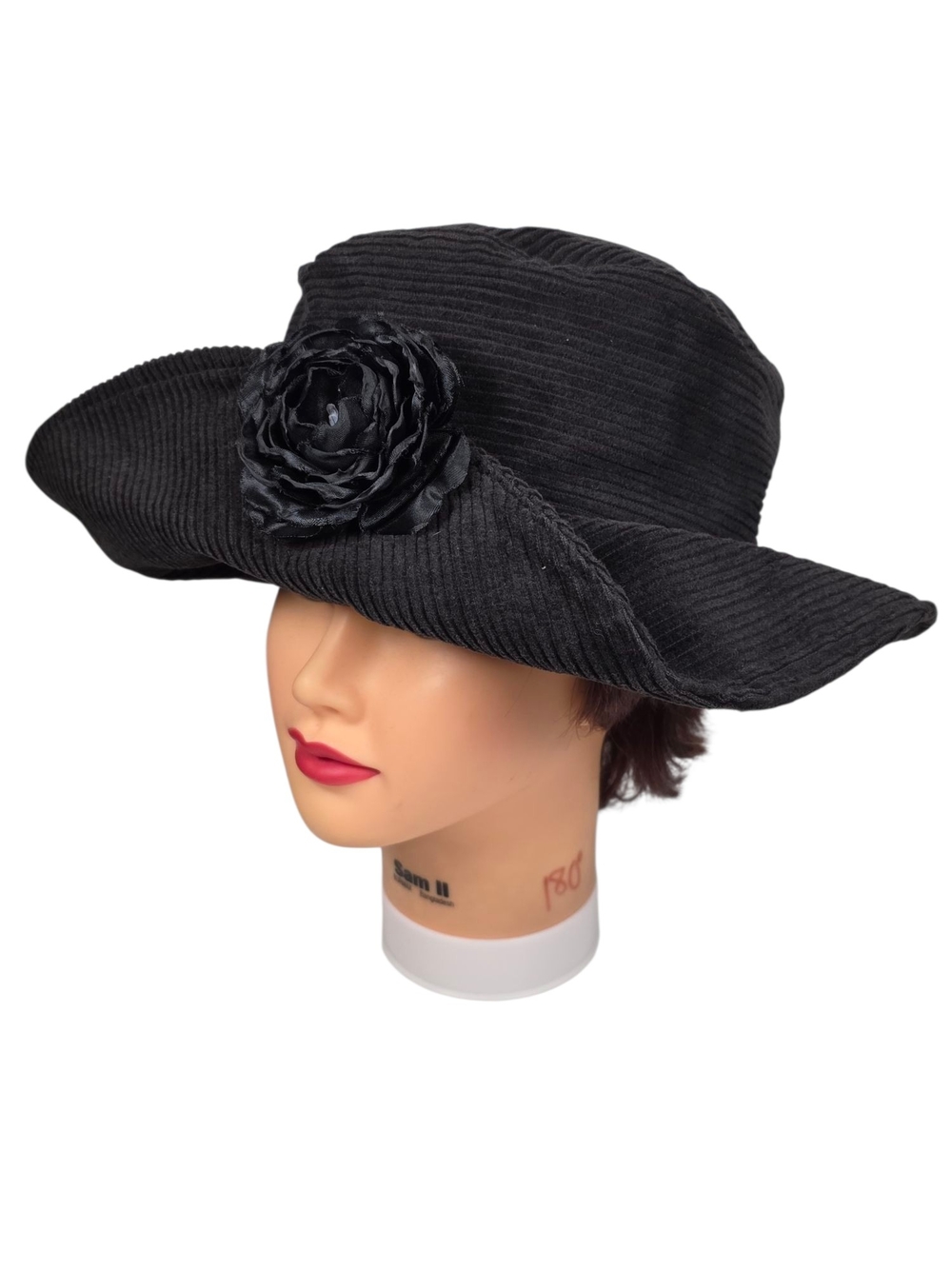 Cocoa Women's Black Corduroy Wide Brim Bucket Hat Fabric Flower Cloche Boho